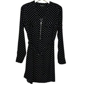 Express Belted Shirt Dress SM Black White Geo Dot Front Zip Bell L/S Career